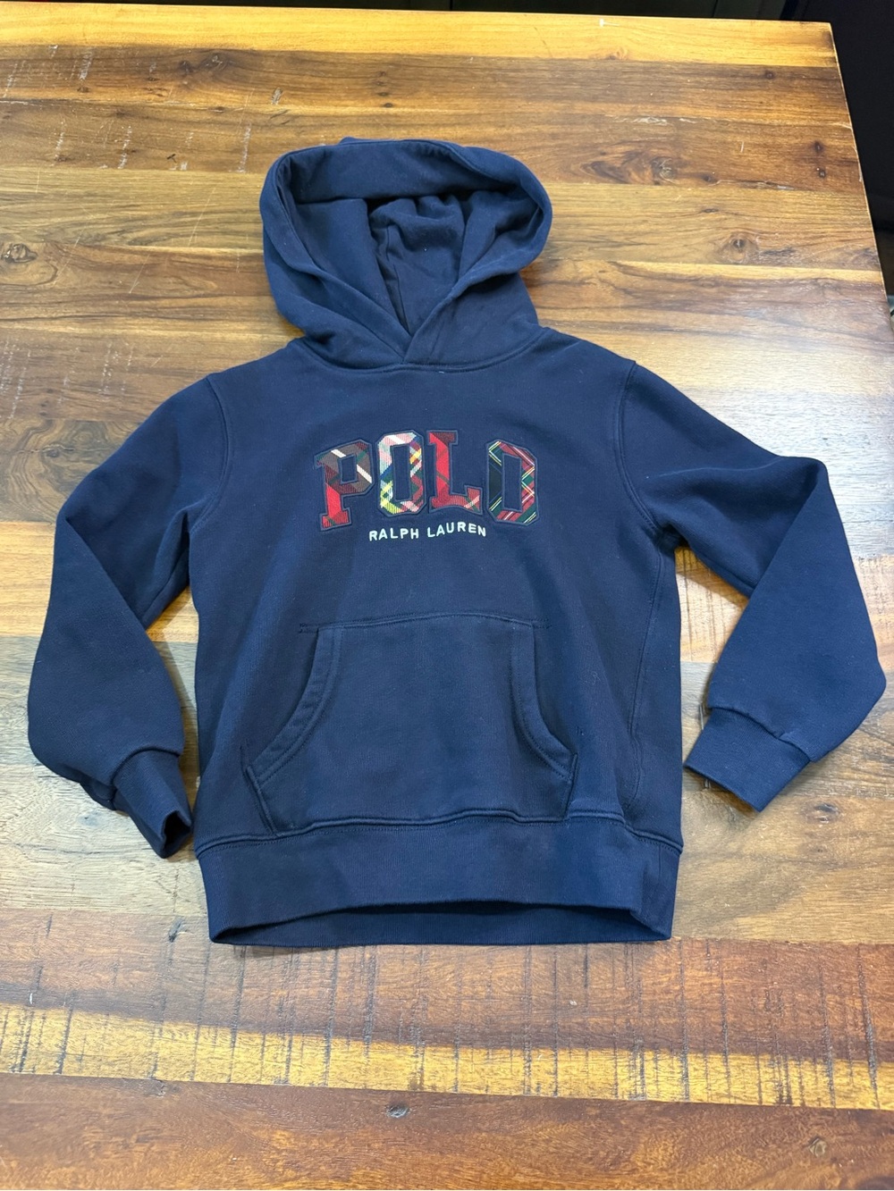 Polo Ralph Lauren Boys Size 7 Navy Plaid Logo Fleece Pullover Hoodie